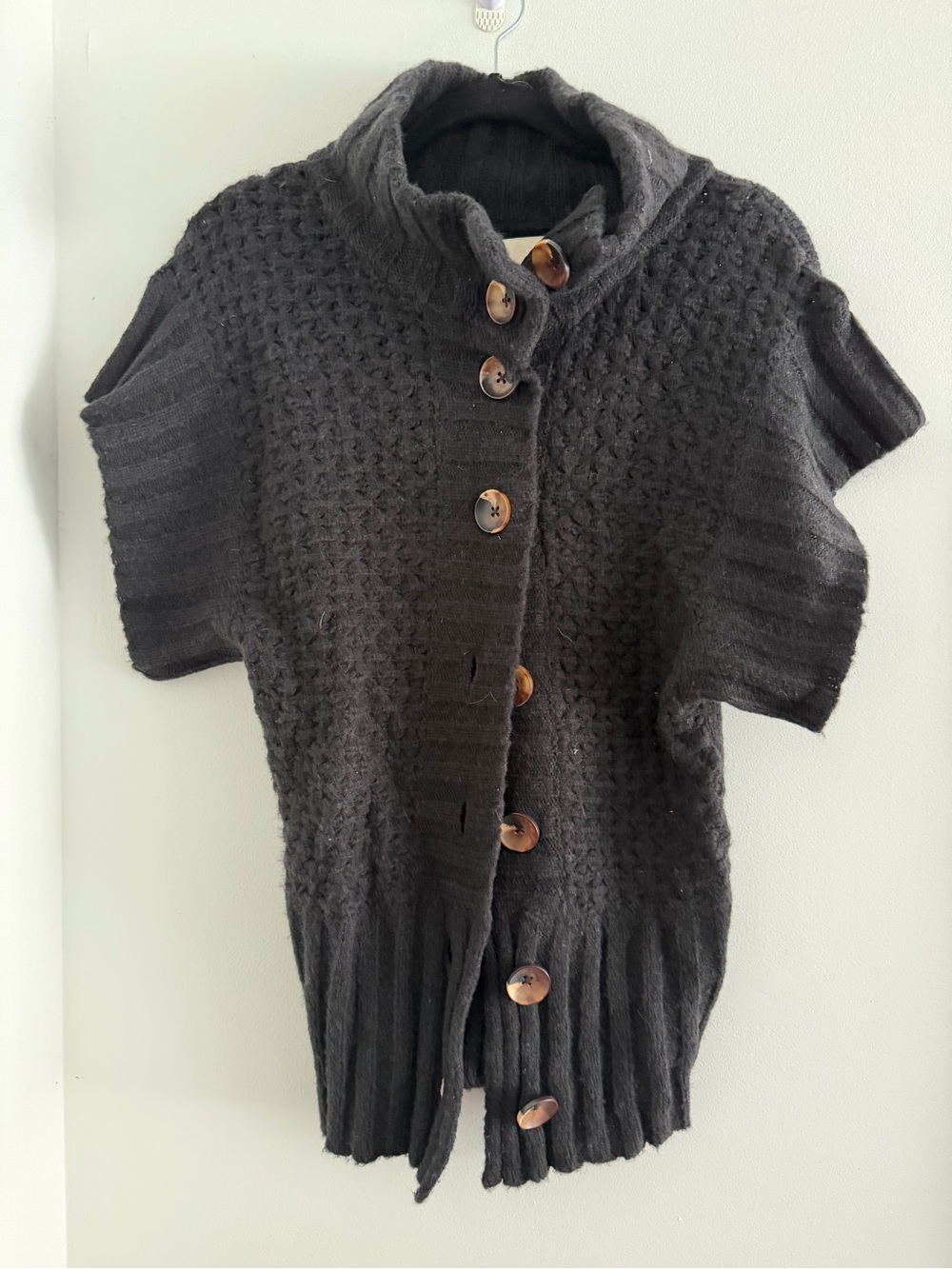 Short-Sleeve Knit Button-Front Cardigan in black